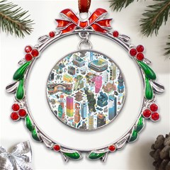 City Pattern Pixel Art Japan Metal X mas Wreath Ribbon Ornament by Sarkoni