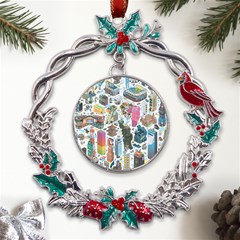 City Pattern Pixel Art Japan Metal X mas Wreath Holly Leaf Ornament by Sarkoni