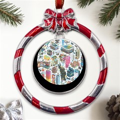 City Pattern Pixel Art Japan Metal Red Ribbon Round Ornament by Sarkoni