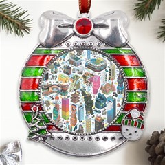 City Pattern Pixel Art Japan Metal X mas Ribbon With Red Crystal Round Ornament by Sarkoni