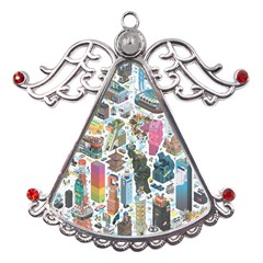 City Pattern Pixel Art Japan Metal Angel With Crystal Ornament