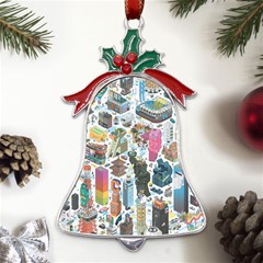 City Pattern Pixel Art Japan Metal Holly Leaf Bell Ornament by Sarkoni