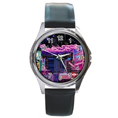 Retro City Pixel Round Metal Watch