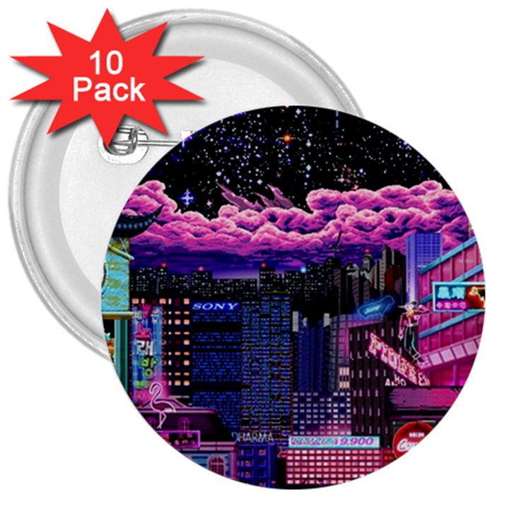 Retro City Pixel 3  Buttons (10 pack) 