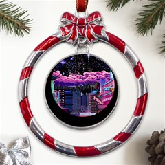 Retro City Pixel Metal Red Ribbon Round Ornament by Sarkoni