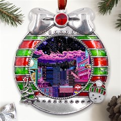 Retro City Pixel Metal X mas Ribbon With Red Crystal Round Ornament