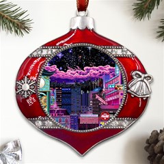 Retro City Pixel Metal Snowflake And Bell Red Ornament