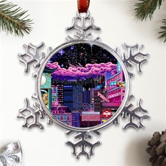 Retro City Pixel Metal Large Snowflake Ornament by Sarkoni