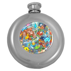 Pixel Art Retro Video Game Round Hip Flask (5 Oz) by Sarkoni