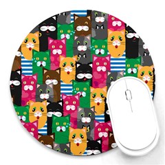 Cats Funny Colorful Pattern Texture Round Mousepad by Grandong