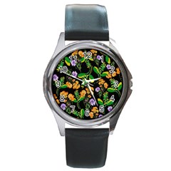 Flower Pattern Art Floral Texture Round Metal Watch