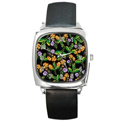 Flower Pattern Art Floral Texture Square Metal Watch by Grandong