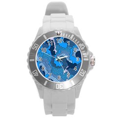 Blue Moving Texture Abstract Texture Round Plastic Sport Watch (L)