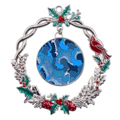 Blue Moving Texture Abstract Texture Metal X mas Wreath Holly Leaf Ornament by Grandong