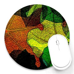 Colorful Autumn Leaves Texture Abstract Pattern Round Mousepad by Grandong