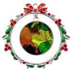 Colorful Autumn Leaves Texture Abstract Pattern Metal X mas Wreath Ribbon Ornament Front