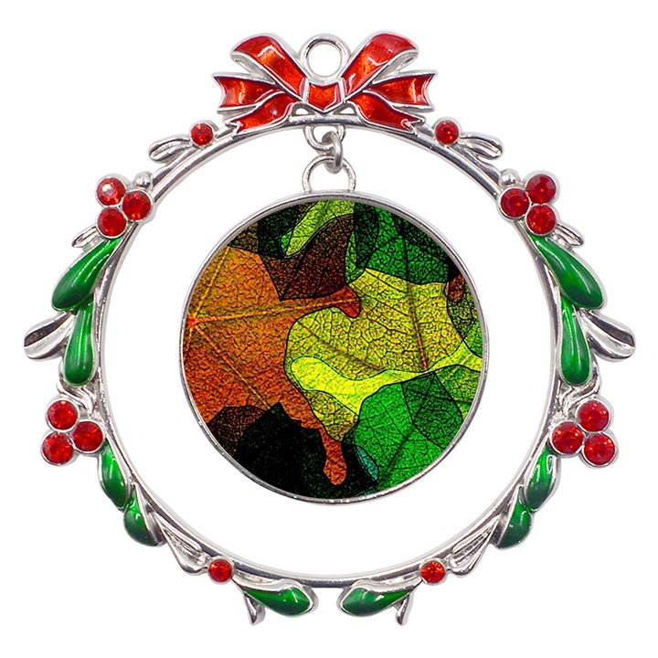 Colorful Autumn Leaves Texture Abstract Pattern Metal X mas Wreath Ribbon Ornament