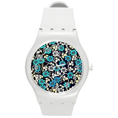 Blue Flower Pattern Floral Pattern Round Plastic Sport Watch (M)