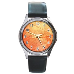 Abstract Texture Of Colorful Bright Pattern Transparent Leaves Orange And Yellow Color Round Metal Watch by Grandong