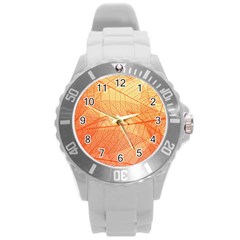 Abstract Texture Of Colorful Bright Pattern Transparent Leaves Orange And Yellow Color Round Plastic Sport Watch (l) by Grandong