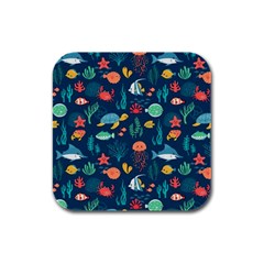 Fish Sea Animals Pattern Rubber Square Coaster (4 Pack) by Ndabl3x