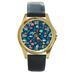 Fish Sea Animals Pattern Round Gold Metal Watch by Ndabl3x