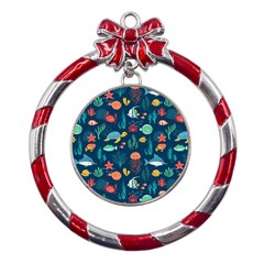 Fish Sea Animals Pattern Metal Red Ribbon Round Ornament by Ndabl3x