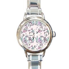 Cartoon Cat Cute Animal Kawaii Pastel Pattern Round Italian Charm Watch by Ndabl3x