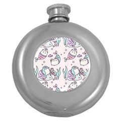 Cartoon Cat Cute Animal Kawaii Pastel Pattern Round Hip Flask (5 Oz) by Ndabl3x