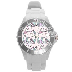 Cartoon Cat Cute Animal Kawaii Pastel Pattern Round Plastic Sport Watch (l) by Ndabl3x