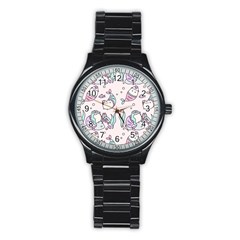 Cartoon Cat Cute Animal Kawaii Pastel Pattern Stainless Steel Round Watch by Ndabl3x