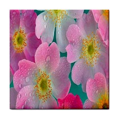 Pink Neon Flowers, Flower Tile Coaster by nateshop