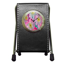 Pink Neon Flowers, Flower Pen Holder Desk Clock by nateshop