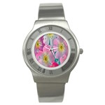 Pink Neon Flowers, Flower Stainless Steel Watch Front