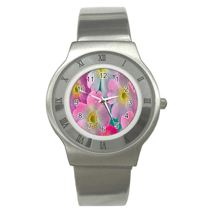 Pink Neon Flowers, Flower Stainless Steel Watch