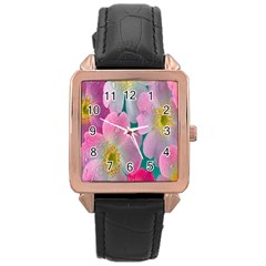 Pink Neon Flowers, Flower Rose Gold Leather Watch 