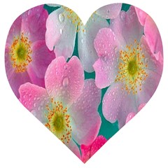 Pink Neon Flowers, Flower Wooden Puzzle Heart by nateshop