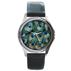 Peacock-feathers,blue2 Round Metal Watch by nateshop