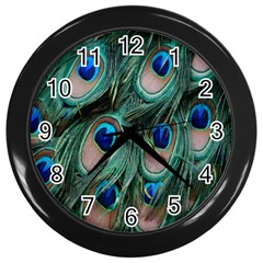 Peacock-feathers,blue2 Wall Clock (black) by nateshop