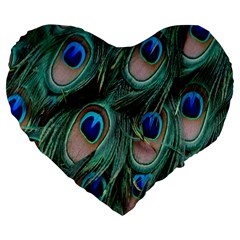 Peacock-feathers,blue2 Large 19  Premium Flano Heart Shape Cushions by nateshop