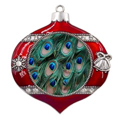 Peacock-feathers,blue2 Metal Snowflake And Bell Red Ornament by nateshop