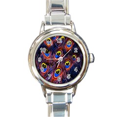 Peacock-feathers,blue,yellow Round Italian Charm Watch by nateshop