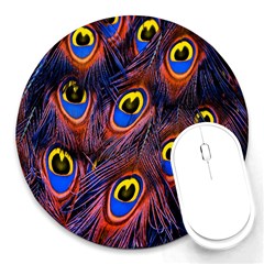 Peacock-feathers,blue,yellow Round Mousepad by nateshop