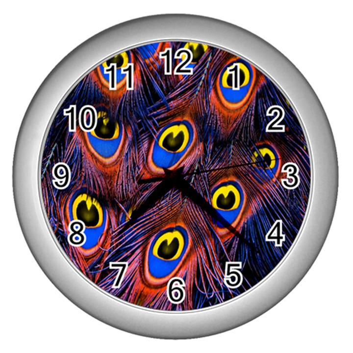 Peacock-feathers,blue,yellow Wall Clock (Silver)