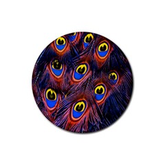 Peacock-feathers,blue,yellow Rubber Coaster (round) by nateshop