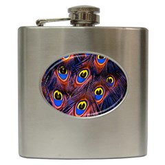 Peacock-feathers,blue,yellow Hip Flask (6 Oz) by nateshop