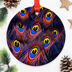 Peacock-feathers,blue,yellow Round Ornament (two Sides) by nateshop