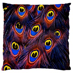 Peacock-feathers,blue,yellow Large Premium Plush Fleece Cushion Case (one Side) by nateshop