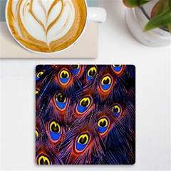 Peacock-feathers,blue,yellow Uv Print Square Tile Coaster  by nateshop