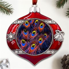 Peacock-feathers,blue,yellow Metal Snowflake And Bell Red Ornament by nateshop